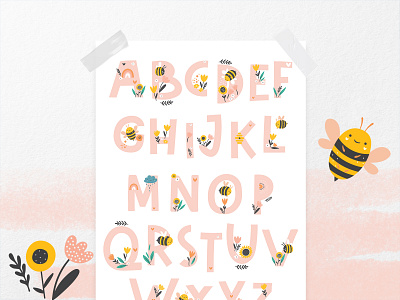 Alphabet Print. Bee abc alphabet annartdreams bee bees character character design color design flowers happy illustration lettering poster print vector