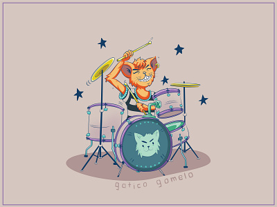 Punk rock cat (revisited) adobe art cat cute drawing drummer drums illustration illustrator kawaii music playing punk rock vector