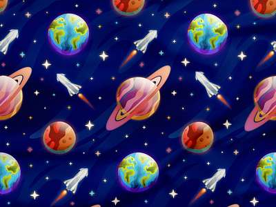 Rockets Planets art blue clean color creative design digital art drawing galaxy graphic design illustration pattern planet rocket seamless pattern space surface pattern vector