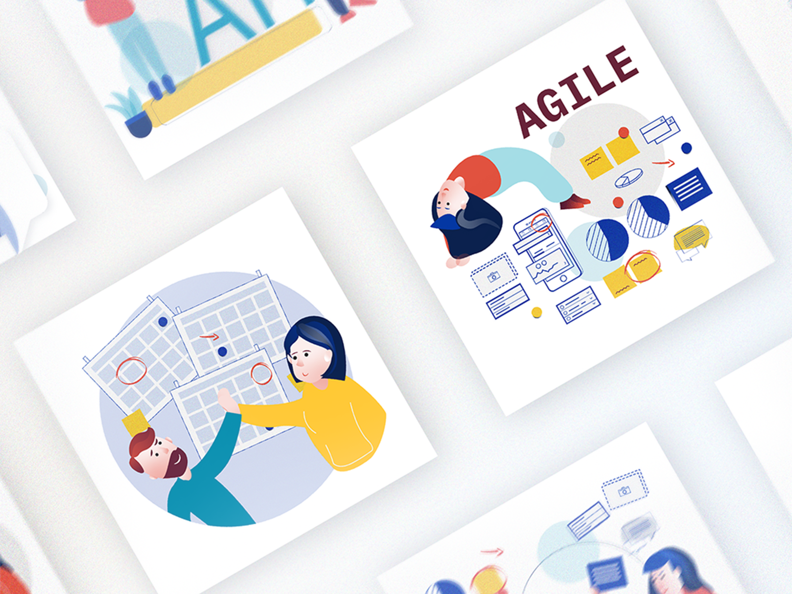 How we work - illustration set part 1 agile company values deadlines gradient grain illustration linear teamwork values workshops