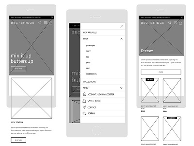 Bec + Bridge Mobile Wireframes creative director ecommerce design lead designer shopify ui designer ux senior designer visual designer wireframes