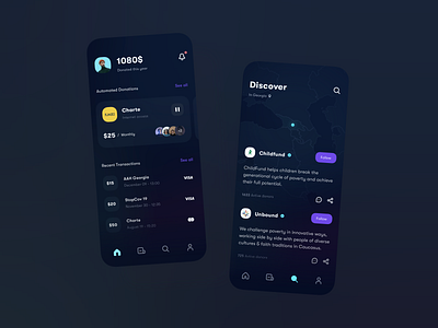 Charity social network app app application clean concept dark ui design exploration illustration illustrator inspiration interface ios minimal mobile motivation sketch social network ui ux vector