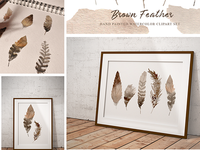 Brown Feather Watercolor Clipart Set brown clipart decoration design feather frame illustration painting rustic wall art watercolor