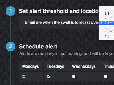 Swell Alerts checkbox forecast form proxima nova select steps surf swell
