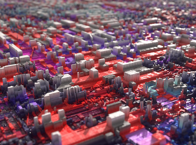 City on a Chip 3d abstract c4d cinema 4d city design displacement illustration octane purple red render skyline