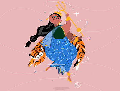 Indian Goddess Durga adobe adobe illustrator animals character characterdesign design drawing goddess graphics illustration indian motion mythology powerful procreate story tiger woman illustration
