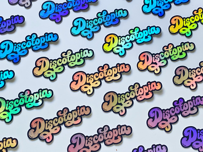 Discotopia 60s 70s branding disco foil holographic illustration music rainbow reflective script sticker typeface