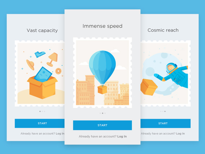 Onboarding Screens astronaut balloon deliver illustration intro log onboarding package sign space tour ui