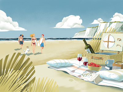 PDO Fronton - Campaign for Brittany 2021 #2 aoc fronton basket beach bouteille de vin bretagne brittany drawing illustration photoshop pic nic picnic surf surf session towel young people