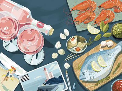 PDO Fronton - Campaign for Brittany 2021 #3 aoc fronton beach bouteille de vin bretagne brittany dessin drawing food from the sea illustration lighthouse photoshop postcard seafood table vin wine