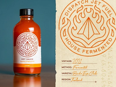 Dispatch Restaurant Hot Sauce Label badge badgedesign bottle brand brand identity branding condiment fire graphicdesign hot sauce hot sauce label icon label labeldesign line logo packaging product stamp