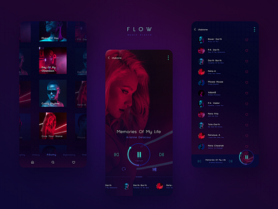 Flow - Music Player App app application black dark app dark theme debut debut shot design digital mobile music music app music player neon neon colors neon light song ui ux ux ui