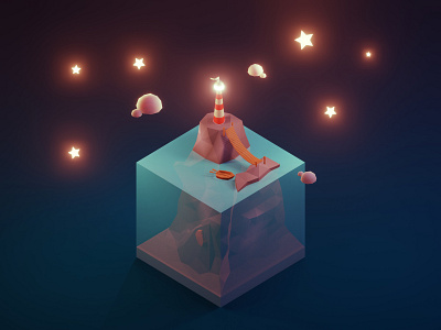 Lighthouse 3d art b3d blender blender3d boat bridge cloud isometric lighthouse lighthouse logo minimal night stars water