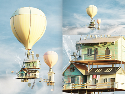 Flying House 3d art b3d balloon blender blender3d clouds fly flying house sky smoke steam