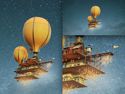 Flying Sanctuary 3d art b3d balloon blender blender3d flying house night sky