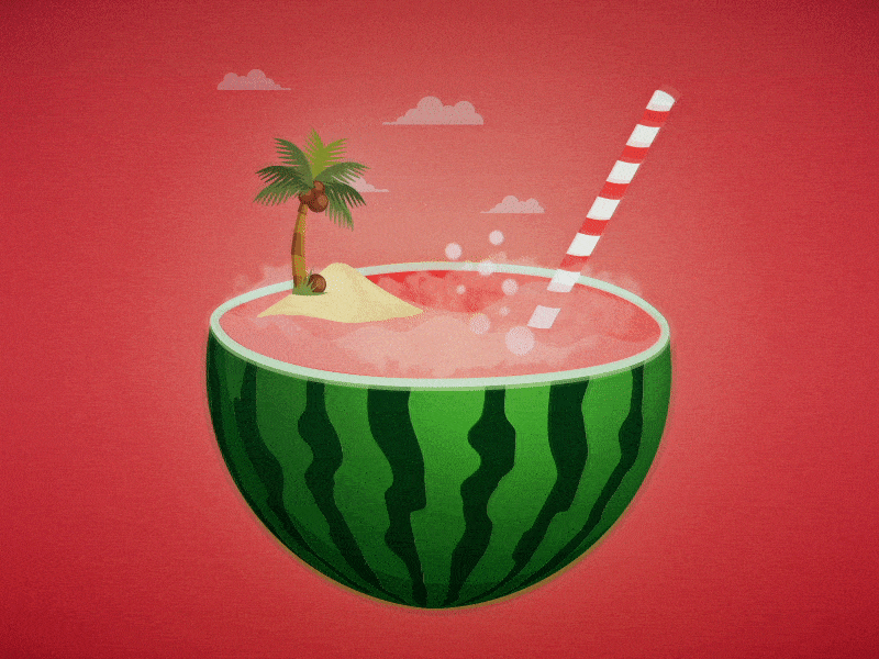 Hot beach on watermelon animation beaxh flat illustration palm watermelon