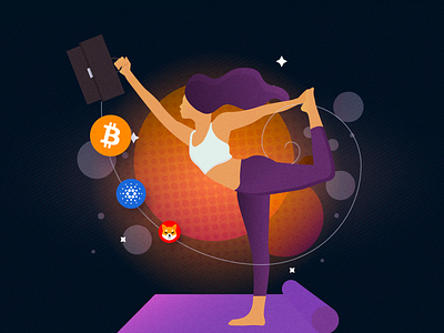 Yoga girl balance with crypto portfolio bitcoin contrast crypto flat girl illustration orange pose purple yoga