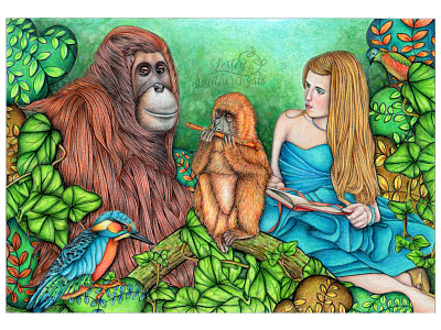 Reading Lesson childrens book illustration colour pencils fantasy art illustration jungle jungle art kidslitart monkeys orangutan