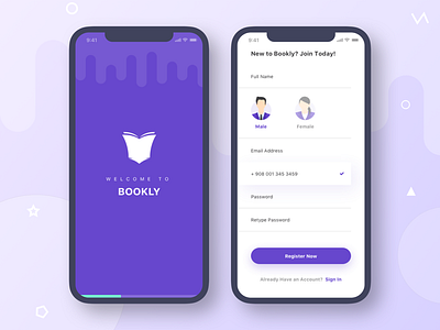 Bookly Splash and Register Screen app book education ios iphonex login register screen sign in sign up splash study