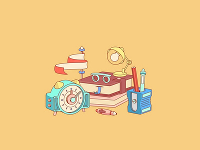 Desktop items 2d 2d art 2d illustration art illustration books branding clock illustration pen pencil sharpener vector vector illustration vectorart лампа