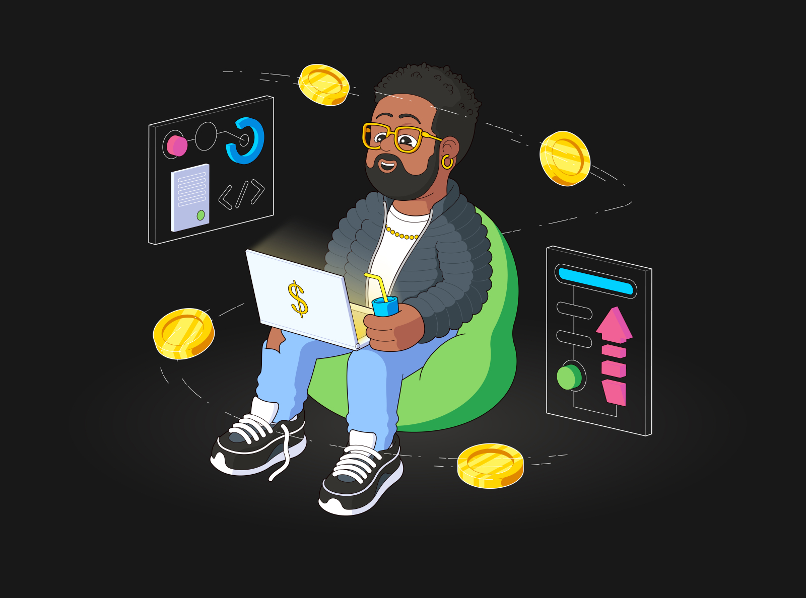 The work is booming, the coin is spinning 💰💸💪🏻😎 advertisement cryptocurrency 2021 work night creativity money character design character illustration illustrator 2d art 2d design vector vector illustration