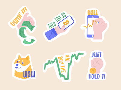Crypto stickers 2d bitcoin bullmarket crypto currency crypto wallet cryptocurrency design dip dogecoin fiat hodl illustration money phone procreate procreate illustration simona krejci sticker