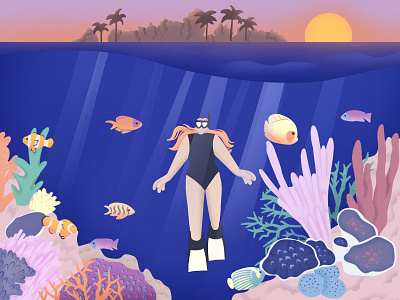 Under the water 2d art character corals dive editorial editorial illustration fish illustration marine life ocean procreate sunset swim texture water