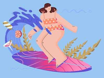 On the wave of happiness 2d abstract beach bikini character character illustration coctail design flowers illustration sea summer surf surfer surfing app surfing website texture vacation illustration wave