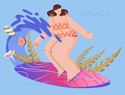 On the wave of happiness beach bikini character character illustration design flowers illustration sport eccommerce summer camp surf surf camp surf ecommerce surf mobile app surfer surfing app surfing eshop surfing market surfing website vacation illustration vacation mobile app