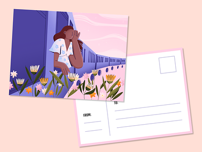 Travel Postcard 2d blog illustration character in train flowers girl in train window mail postcard prinatble printable postcard send postcard snail mail train train journey travel travel app travel blog travel blog illustration travel by train