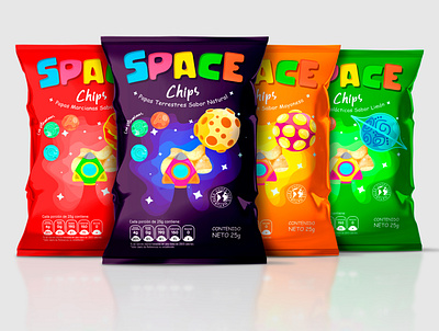 Space Chips brand design chips color foodpackaging identity design logo packaging snacks vector