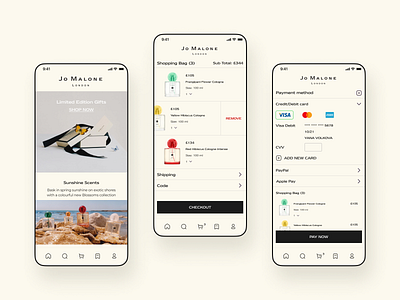 Jo Malone Redesign - Mobile Checkout Process app checkout process daily ui fragnance homescreen jo malone mobile perfume scent shopping gag ui