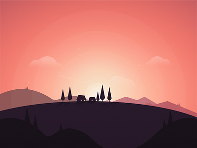 Maghrib evening forest house illustration mountains sky sunset
