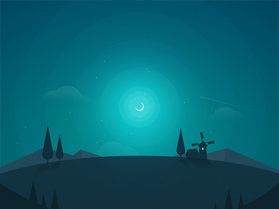 Isha' evening forest house illustration moon mountains night sky trees
