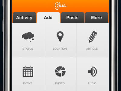 Add Post View for Glue mobile web app article audio event glue icon iphone location mobile photo status