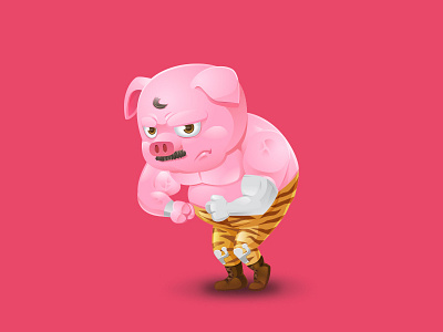 Super Porky animal pattern brown character fighter gold moustache pig pink pork strong tiger wrestler
