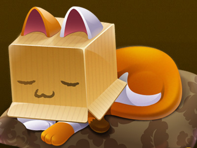 Puss sleeping box brown cat character damask mascot orange puss sleep
