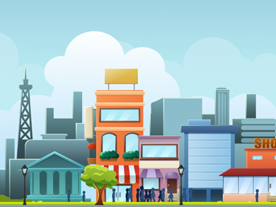 Small City bank building cartoon city cloud library orange people plant shop sky tower town