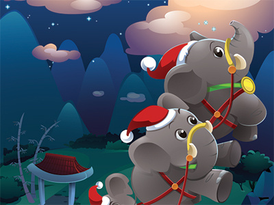 Santa's New Engine brown christmas cloud elephant illustration mountain night red