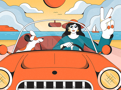 Summer Breeze car driving illustration psychedelic retro summer trippy vintage woman