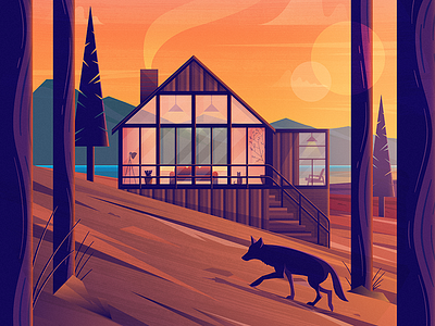 Sunset Prowl cabin illustration scene sunset wolf woods