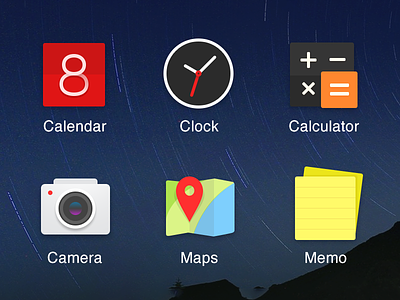 Icons Concept A android calculator calendar camera clock color icons maps memo red