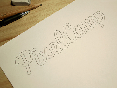 PixelCamp - Pencil custom type development draft hand drawn lettering logo logo design logotype pencil process script sketch type typography wip wordmark