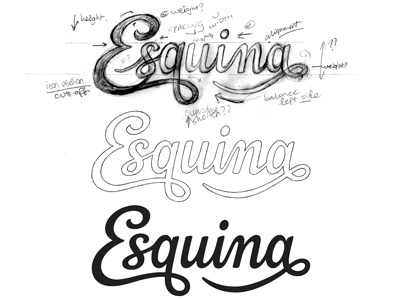 Esquina - Draft annotations cursive custom type hand drawn lettering logo logotype pencil process progress revisions script type typography wip wordmark
