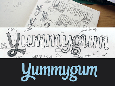 Yummygum logotype annotations custom type lettering logo logotype notes process script sketch sketchbook typography wordmark