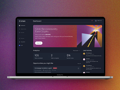 Share — Dashboard animation banner blockchain branding contributors dao dashboard design freelancing job posts opportunities platform uxui design web web3