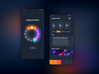 Song Writing and Music Theory Mobile app Design bold gradients circle of fifth clean design dark app dark music app music app music theory app song writing app