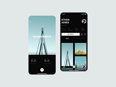 Architecture App UI: Detail / Profile app design architecture bridge buildings city clean discover flat interface iphone iphone app minimal modern place place detail profile typography typography ui urban user profile