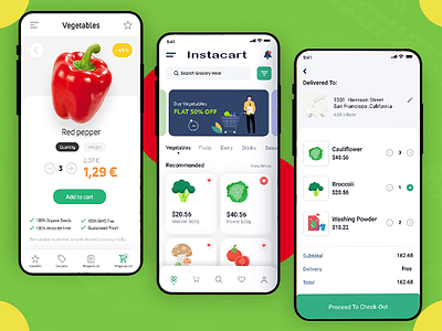 InstaCart App android app design appdevelopment categories coupon delivery service design fruits menu mobileapp offers online store orders shopping ux ui vectorart vegetables