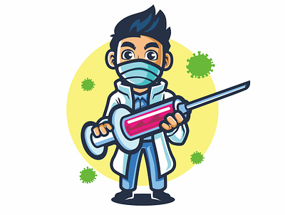 doctor fight covid19 with vaccine cartoon cool design illustration logo logo mascot mascot mascot character simple vector